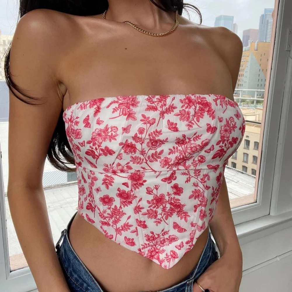 Princess Polly White & Red Floral Strapless Top
